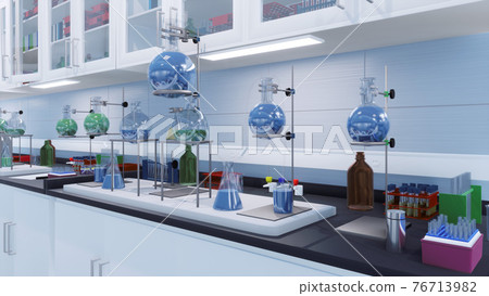 Glass flasks in modern scientific research lab 3D Glass flasks in modern scientific research lab 3D 76713982