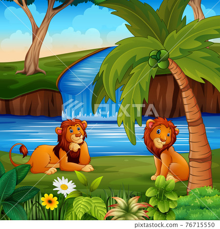 Scene with two lions sitting by the river 76715550
