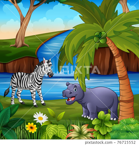 Cute the animals enjoying nature by the river 76715552