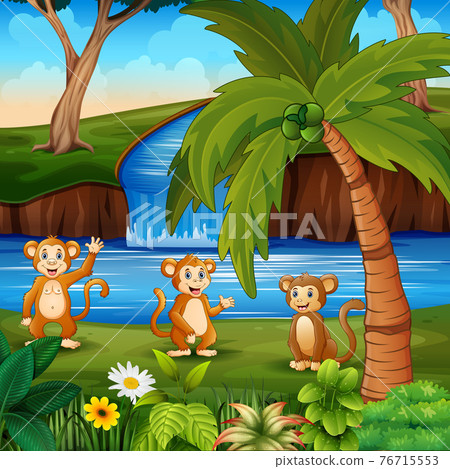 Cartoon three of monkeys by the river 76715553