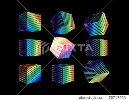 Abstract line drawing geometric cube set in various view on dark BG 76717053
