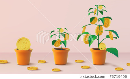Realistic Money tree with gold coins dollars. Finance and banks, savings and investments. Vector Realistic Money tree with gold coins dollars. Finance and banks, savings and investments. Vector 76719406