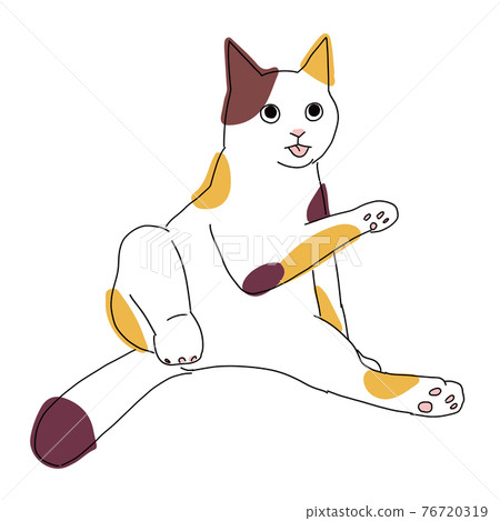 Illustration of the whole body of a calico cat grooming and sticking out his tongue 76720319