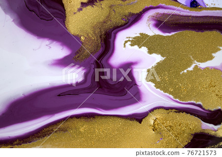 Marble purple acrylic texture with gold glitter. Close up liquid ink background. 76721573