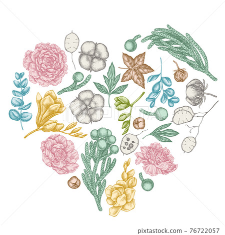 Heart floral design with pastel ficus, eucalyptus, peony, cotton, freesia, brunia Heart floral design with pastel ficus, eucalyptus, peony, cotton, freesia, brunia 76722057