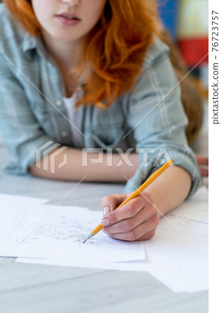 drawing hobby art school female artist with pencil drawing hobby art school female artist with pencil 76723757