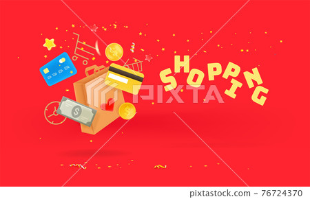 Shopping time concept. Shopping bag, credit cards and money falling down. 3d style cute illustration Shopping time concept. Shopping bag, credit cards and money falling down. 3d style cute illustration 76724370