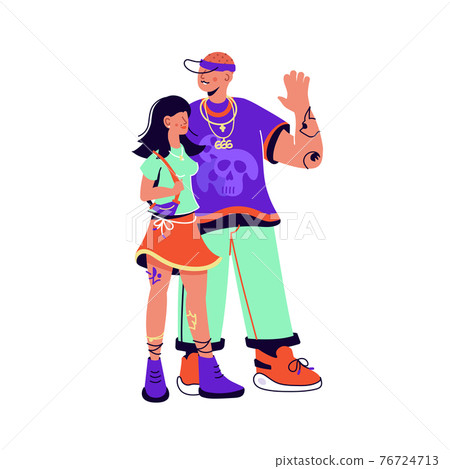 Young couple in love dressed in colorful clothes on white Young couple in love dressed in colorful clothes on white 76724713
