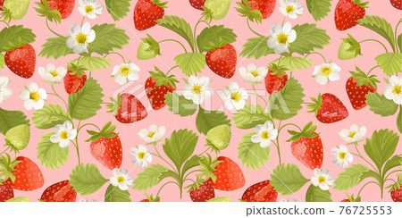 Watercolor Seamless Strawberry pattern with flowers, wild berries, leaves. Vector background texture 76725553