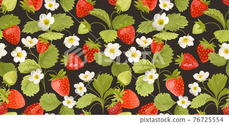 Strawberry Background with flowers, wild berries, leaves. Vector seamless texture illustration for summer cover 76725554