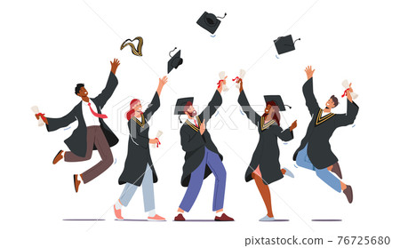 Group of Male and Female Characters in Graduation Gowns and Caps Rejoice, Jumping and Cheering Up Happy to Get Diploma Group of Male and Female Characters in Graduation Gowns and Caps Rejoice, Jumping and Cheering Up Happy to Get Diploma 76725680