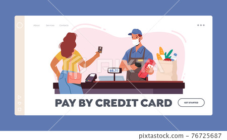 Noncontact Credit Card Payment Landing Page Template. Salesman Character in Facial Mask Use Pos Terminal 76725687