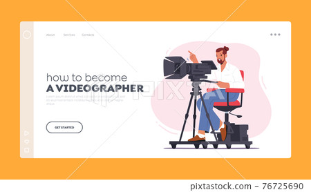 Videographer Landing Page Template. Professional Cameraman Character Sit on Special Platform with Camera Record Video 76725690