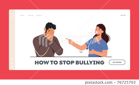 Stop Bullying Landing Page Template. Female Character Laugh on Man Sitting with Covered Face. Teen Crying, Bulling Abuse 76725703