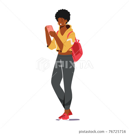 Young Woman Read or Send Sms to Friend Use Cellular, Student Girl Teenager Character Texting Sms or Call on Mobile Phone 76725716