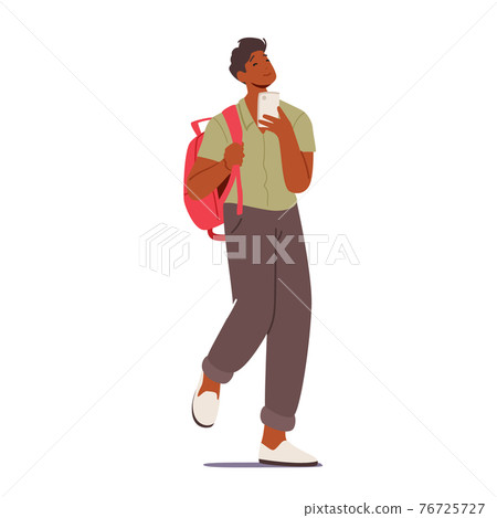 Student Teenager with Mobile Phone. Young Smiling Male Character Communicating in Social Media Networks Student Teenager with Mobile Phone. Young Smiling Male Character Communicating in Social Media Networks 76725727