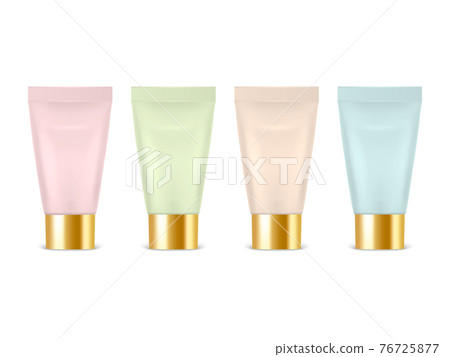 Vector 3d Realistic Plastic, Metal Pink, Green, Beige, Blue Tooth Paste, Cream Tube, Packing Set Isolated. Design Template of Toothpaste, Cosmetics, Cream, Tooth Paste for Mockup. Front View 76725877