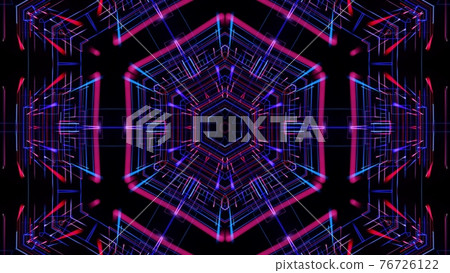 3d render. Abstract laser show. Abstract bg with pattern of glow blue red lines. Pattern like flower, star or mandala of glow curved lines. Kaleidoscopic simmetrical structure with lines 76726122