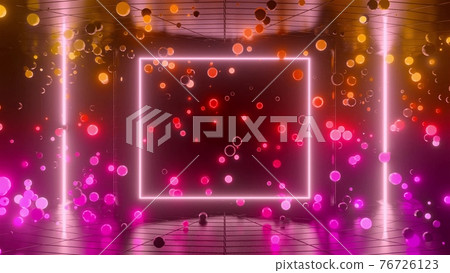 neon glow spheres fly indoors with smooth light gradient. Yellow purple red colors. Simple abstract background with luminous spheres. 3d render 76726123