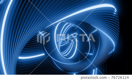 3d render. Abstract geometric bg with rings form complex twisted spiral and light effects. Rings flash neon blue lights. Neon ring bulbs for show or events, festivals 3d render. Abstract geometric bg with rings form complex twisted spiral and light effects. Rings flash neon blue lights. Neon ring bulbs for show or events, festivals 76726124