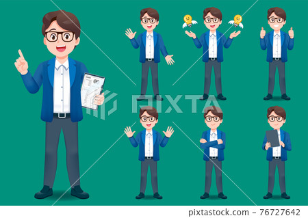 Asian young man teacher have different gestures for introducing classroom. 76727642