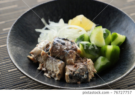 煮鯖魚配菜沙拉（配黃瓜、洋蔥和檸檬） 76727757