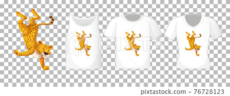 Set of different shirts with leopard dancing cartoon character isolated on transparent background Set of different shirts with leopard dancing cartoon character isolated on transparent background 76728123