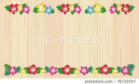 Tropical hibiscus top and bottom decorative frame beige wood grain background (16: 9 ratio) 76728507