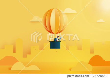 Businessman with telescope in hot air balloon searching for opportunities.Successful and business concept. 76728869