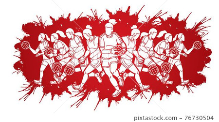 Group of Gaelic Football Female Players Sport Action Cartoon Graphic Vector. 76730504