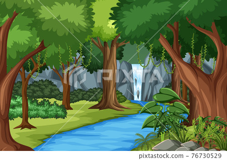 Forest scene with river and many trees Forest scene with river and many trees 76730529