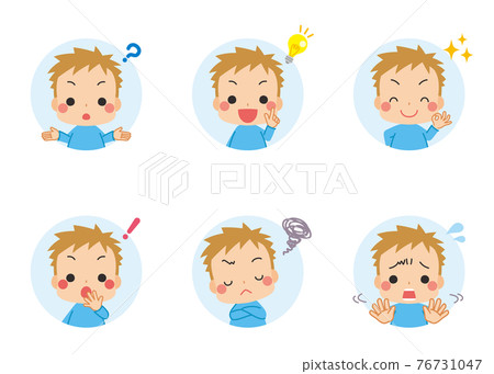一個可愛的小男孩思考的插圖，圖標集，白色背景，問答，各種面部表情 76731047