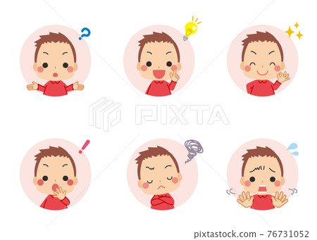 一個可愛的小男孩思考的插圖，圖標集，白色背景，問答，各種面部表情 76731052