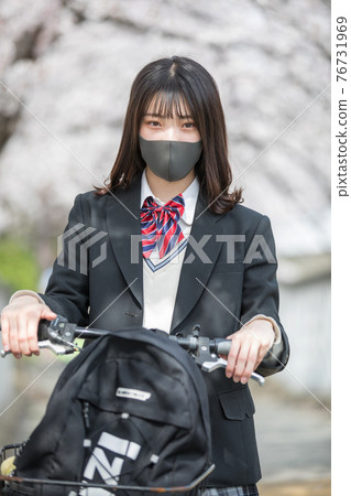 A high school girl who goes to school in the cherry blossoms in full bloom 76731969
