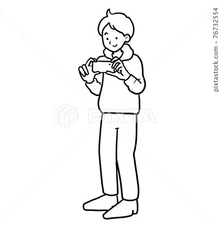 Line drawing illustration of a man holding a smartphone camera 76732554