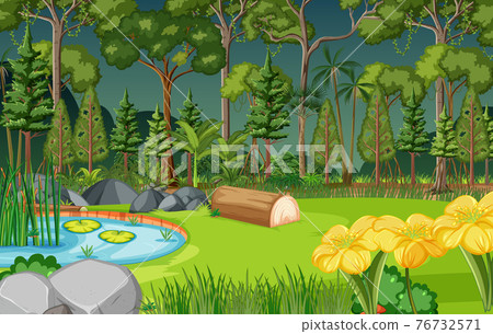 Forest scene with pond and many trees Forest scene with pond and many trees 76732571