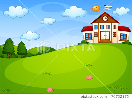 School with green meadow scene cartoon style School with green meadow scene cartoon style 76732575