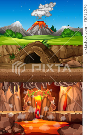 Volcano eruption in nature forest scene at daytime and cave scene and infernal cave scene 76732576