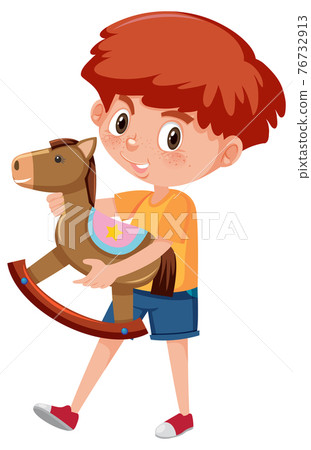 Boy holding rocking horse cartoon character isolated on white background 76732913
