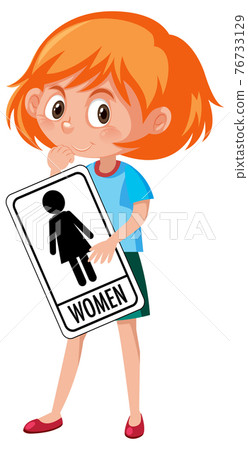 Girl holding toilet sign isolated on white background 76733129