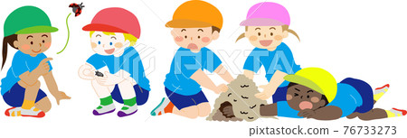 Illustrations of children with various skin colors playing outside, such as catching insects and playing in the sand 76733273