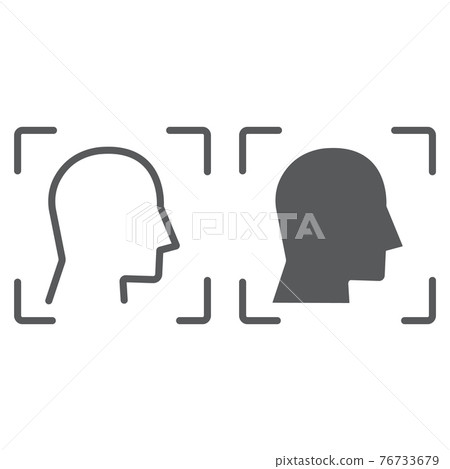 Face ID line and glyph icon, face recognition and face identification, face scanning sign, vector graphics, a linear pattern on a white background, 76733679