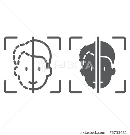 Face ID line and glyph icon, face recognition and face identification, face scanning sign, vector graphics, a linear pattern on a white background, 76733681