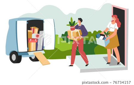 People moving in packing personal belonging in box 76734157