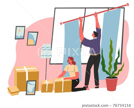 People moving in house, unpacking carton boxes 76734158