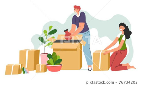 Man and woman moving in unpacking boxes in flat Man and woman moving in unpacking boxes in flat 76734202
