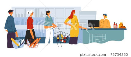 People standing in line to buy products in market 76734260