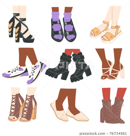Pairs of shoes, females on heels and flat boots 76734981