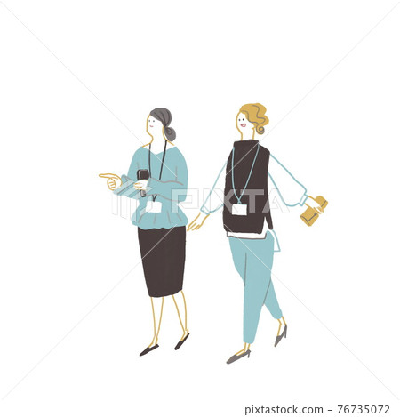 Two young women with ID cards and employee ID cards around their necks and wallets 76735072