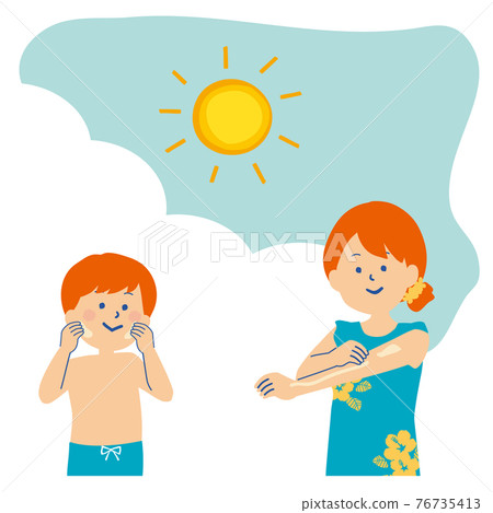 Illustration of children and women in swimsuits applying sunscreen 76735413